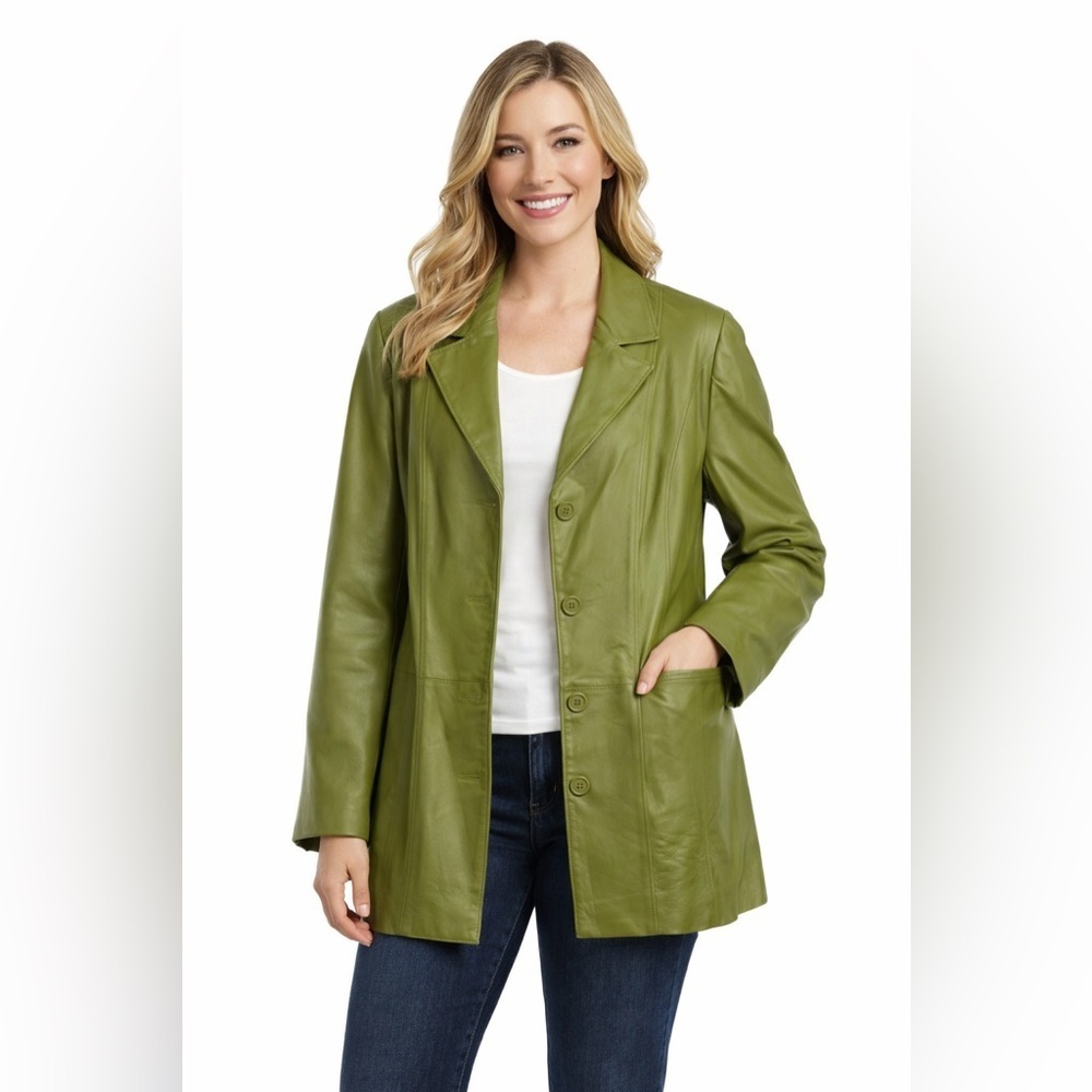 Coldwater Creek Olive Green Genuine Leather Blazer Jacket XL Nappa